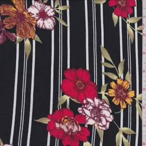 2 YD PC-Black/Red Stripe Floral Double Brushed Jersey Knit Fabric