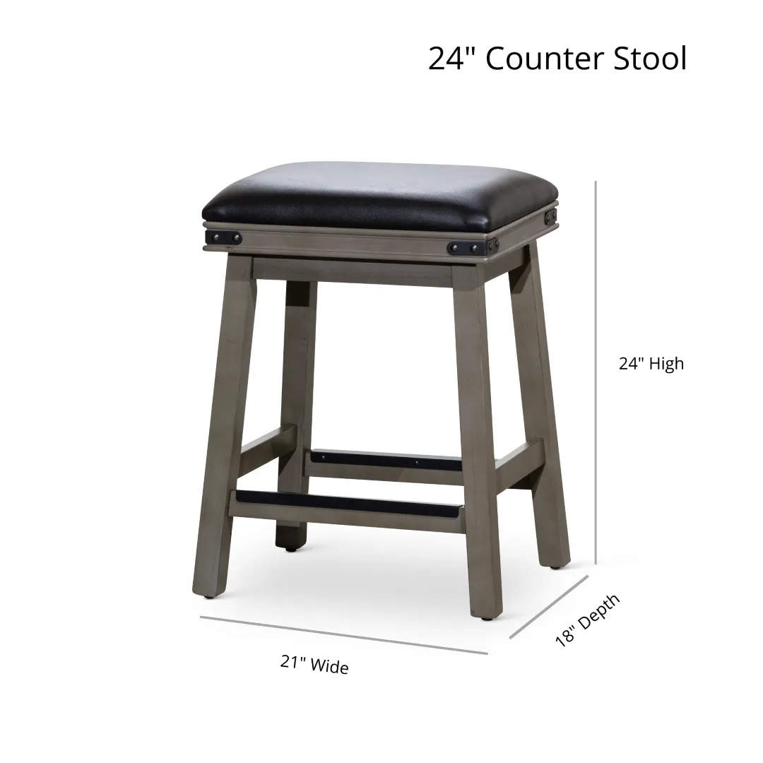 24" Antique White Farmhouse Counter Stool with Black Leather Seat - Rustic Charm, Sturdy Build, Comfortable - 300 lbs. Capacity