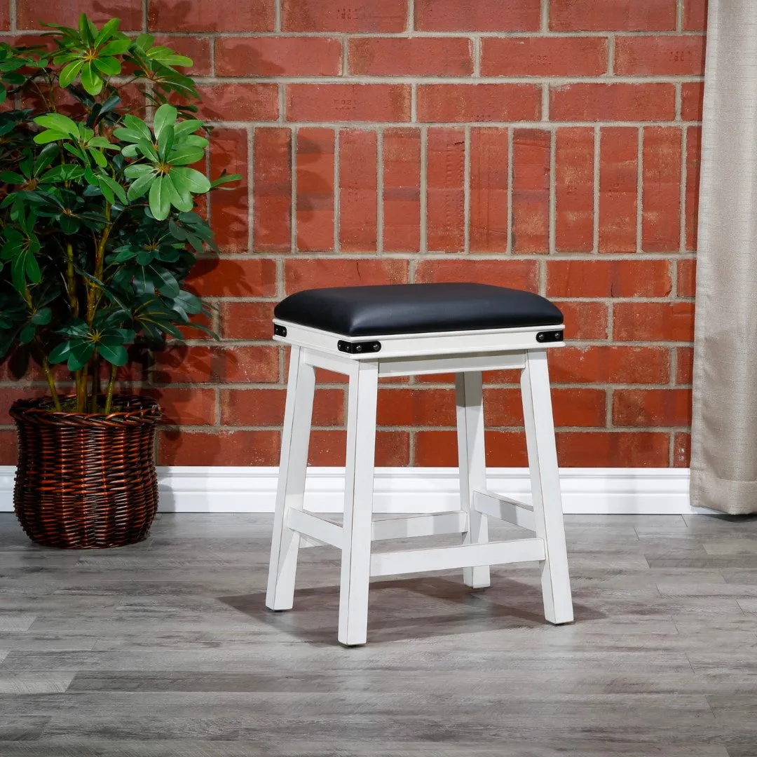 24" Antique White Farmhouse Counter Stool with Black Leather Seat - Rustic Charm, Sturdy Build, Comfortable - 300 lbs. Capacity