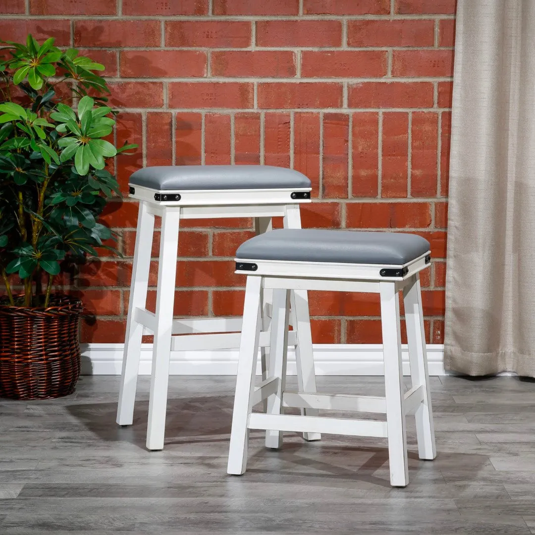 24" Antique White Farmhouse Counter Stool with Black Leather Seat - Rustic Charm, Sturdy Build, Comfortable - 300 lbs. Capacity