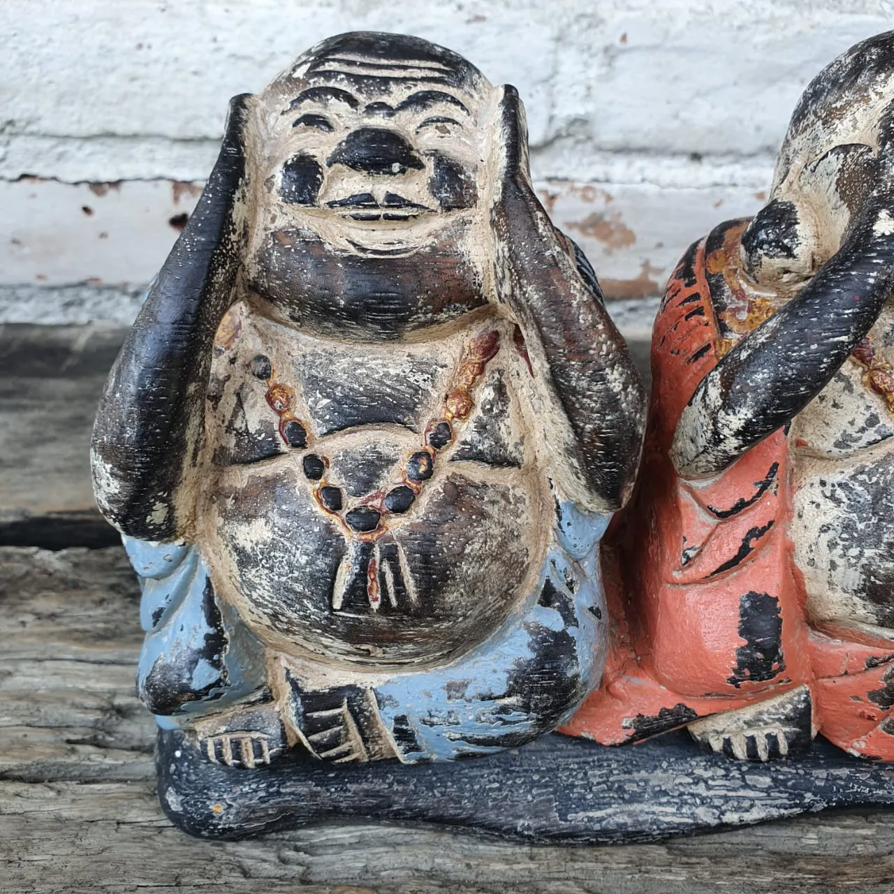 Antique Carved Wooden "See/Speak/Hear No Evil" Buddhas