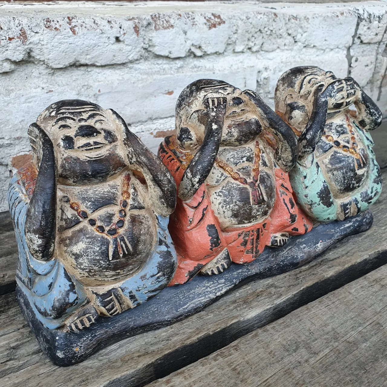 Antique Carved Wooden "See/Speak/Hear No Evil" Buddhas