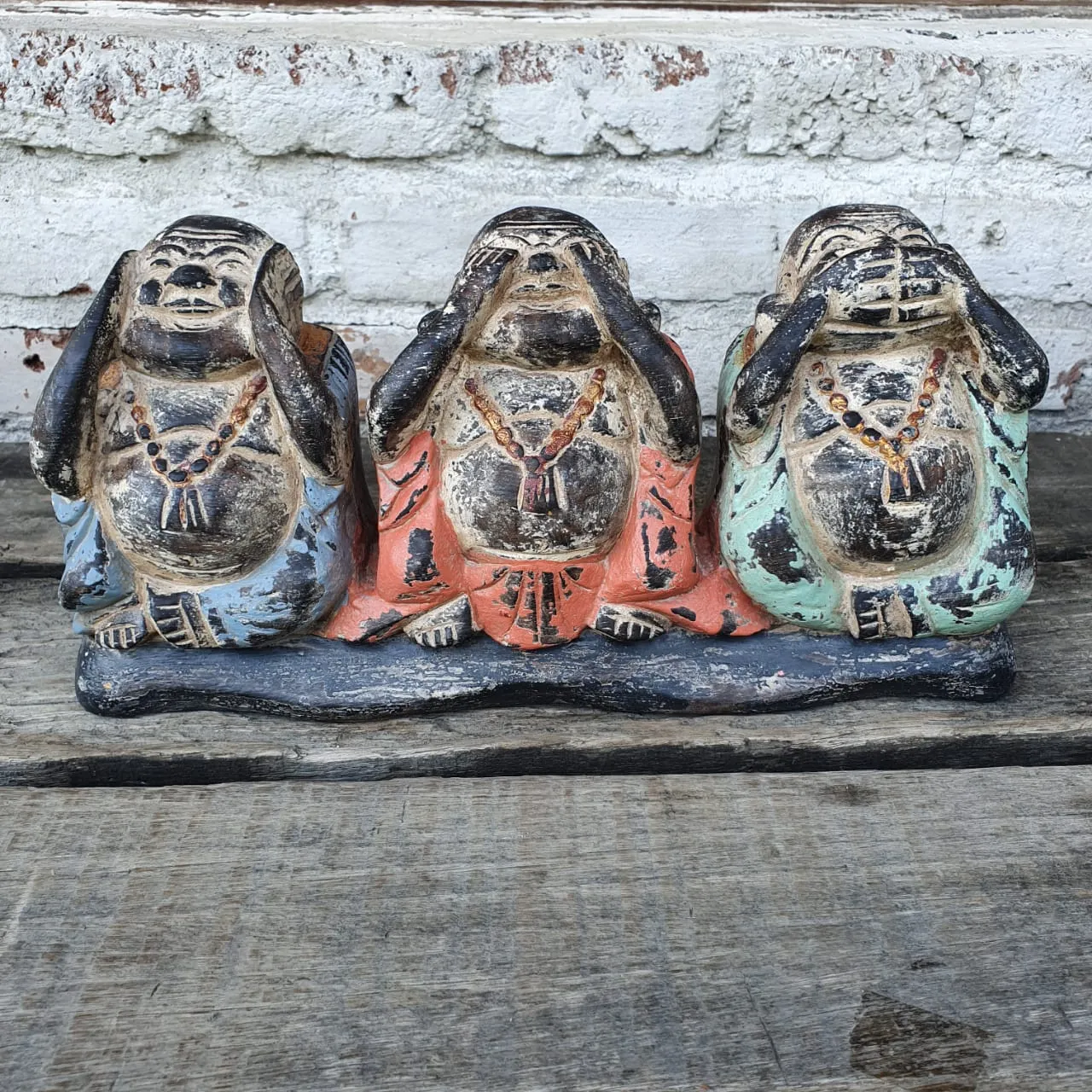 Antique Carved Wooden "See/Speak/Hear No Evil" Buddhas