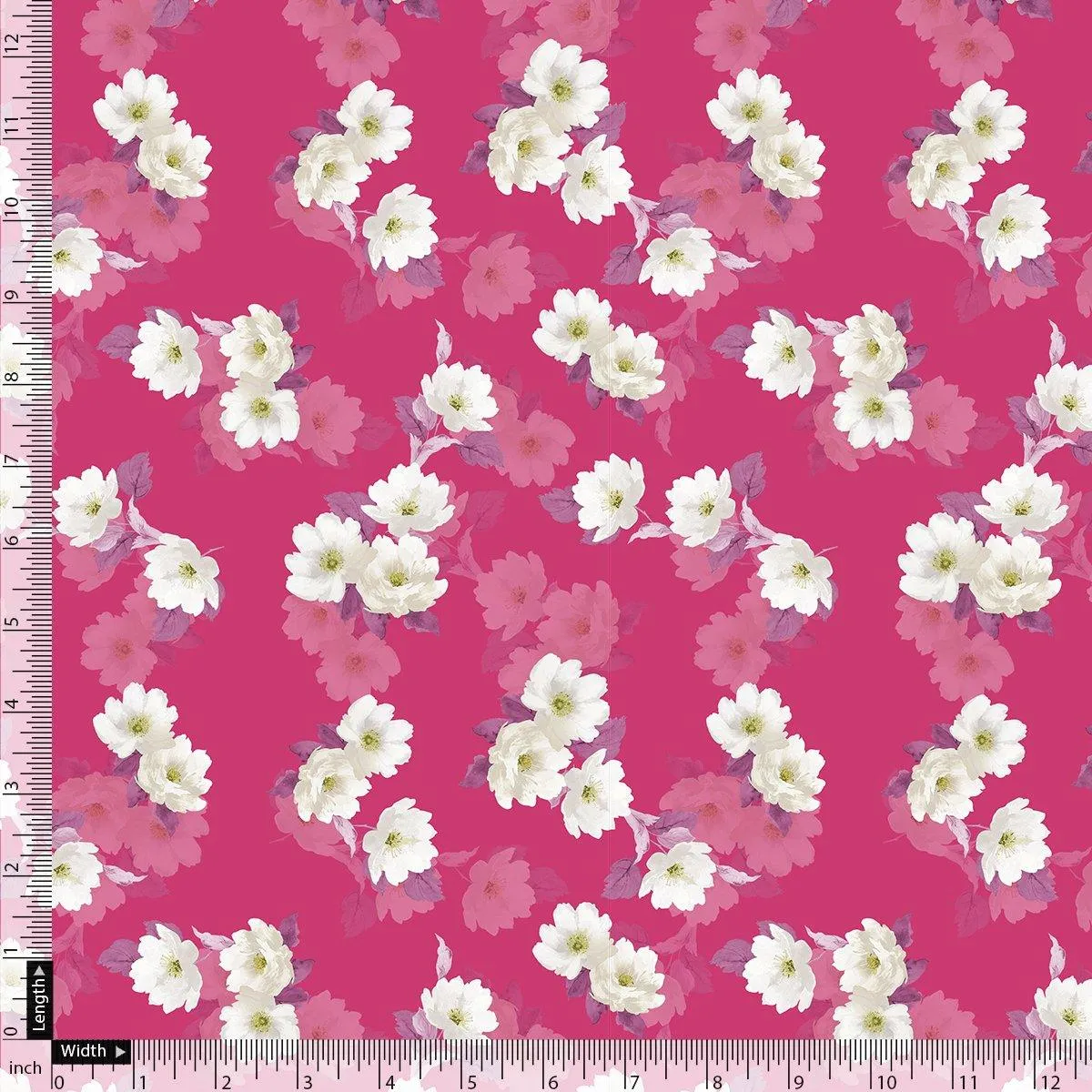 Attractive White Daffodil Flower Digital Printed Fabric - Cotton