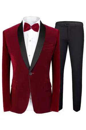 Baron Stylish Red Shawl Lapel Slim Fit Velvet Suit for Men