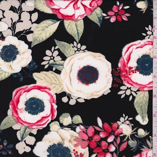 Black Multi Floral Bloom Brushed Jersey Knit Fabric