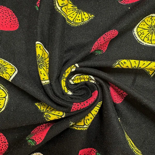 Black Multi Fruit Print Double Brushed Jersey Knit Fabric