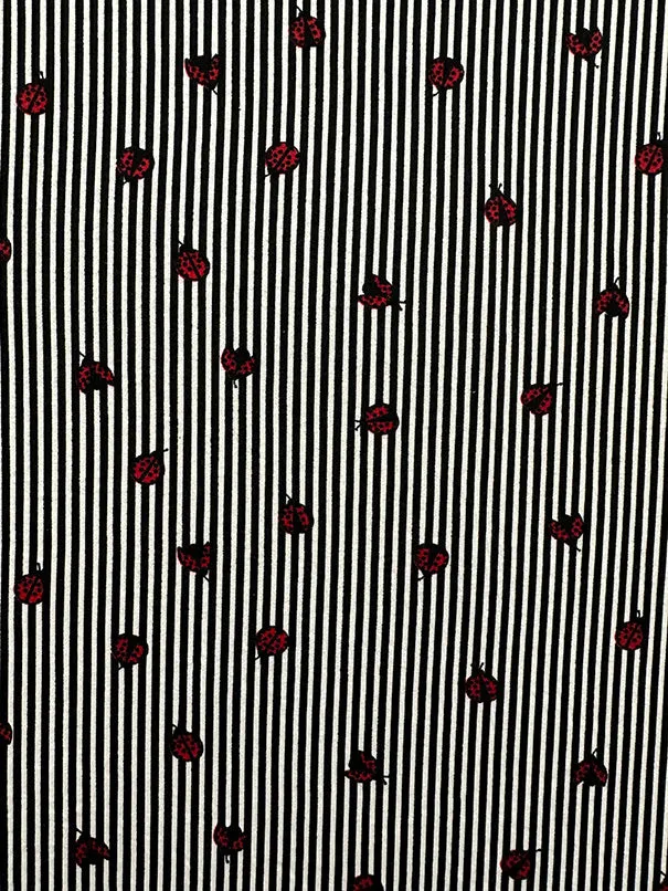 Black Stripe Ladybug Print Double Brushed Jersey Knit Fabric