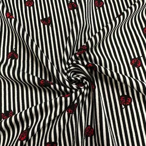 Black Stripe Ladybug Print Double Brushed Jersey Knit Fabric