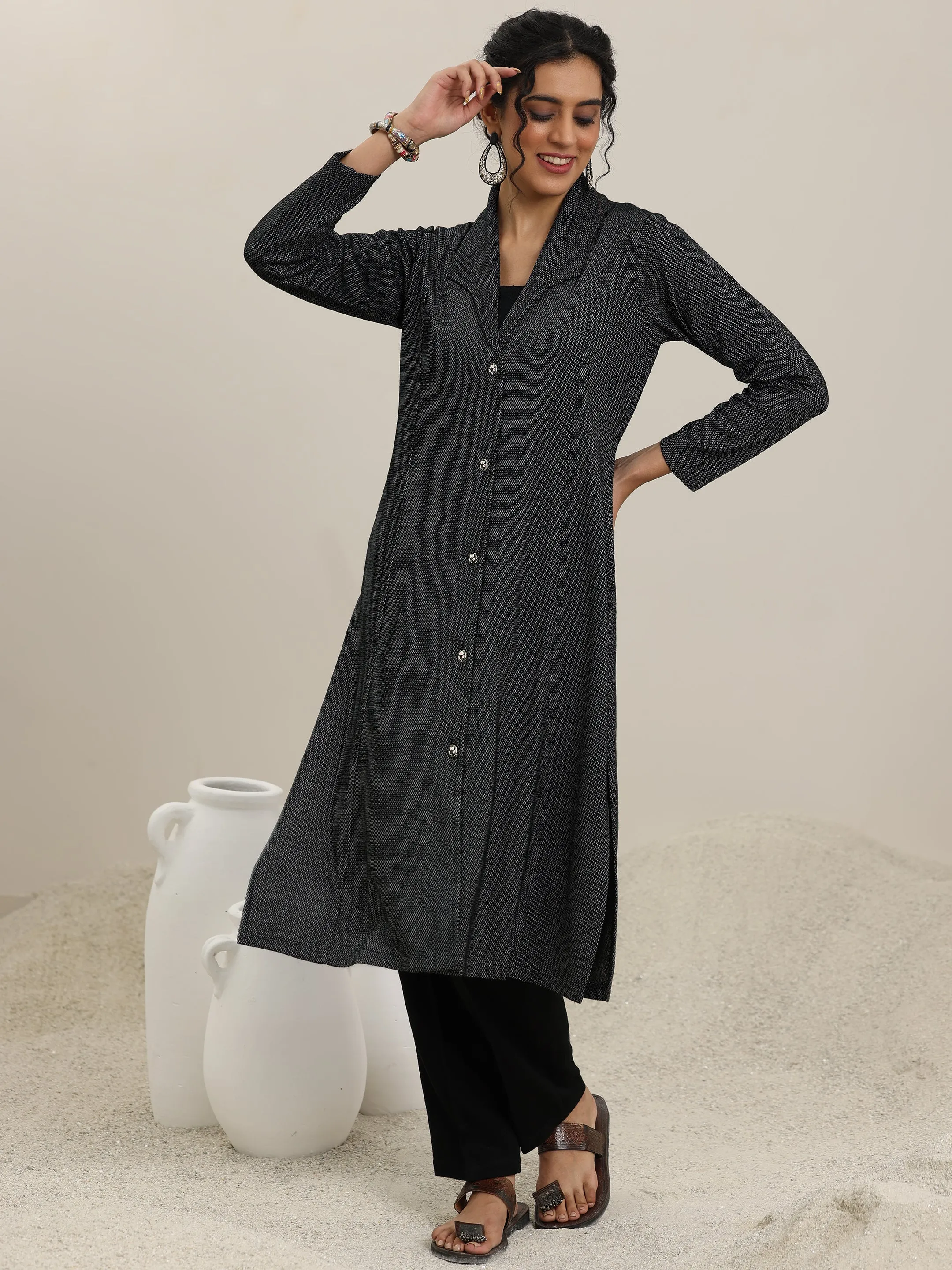 Black Woven Design Wool Straight Kurta