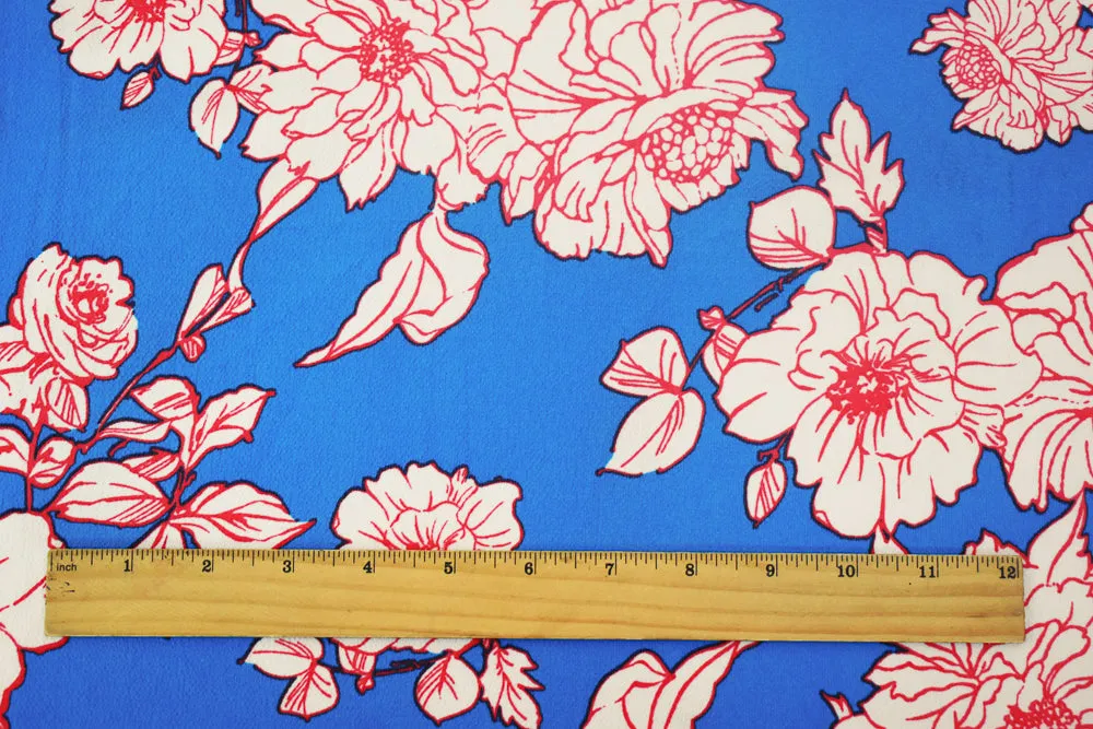 Blue-Multi Floral Printed Stretch Poly Spandex Ghost Crepe Woven Fabric