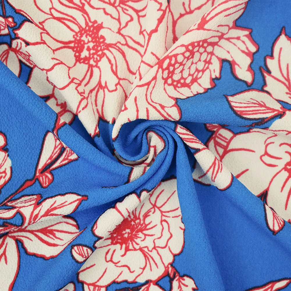 Blue-Multi Floral Printed Stretch Poly Spandex Ghost Crepe Woven Fabric