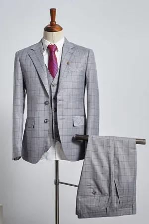 Buck Stylish Gray Plaid Three Pieces Slim Fit Tailored Business Suit