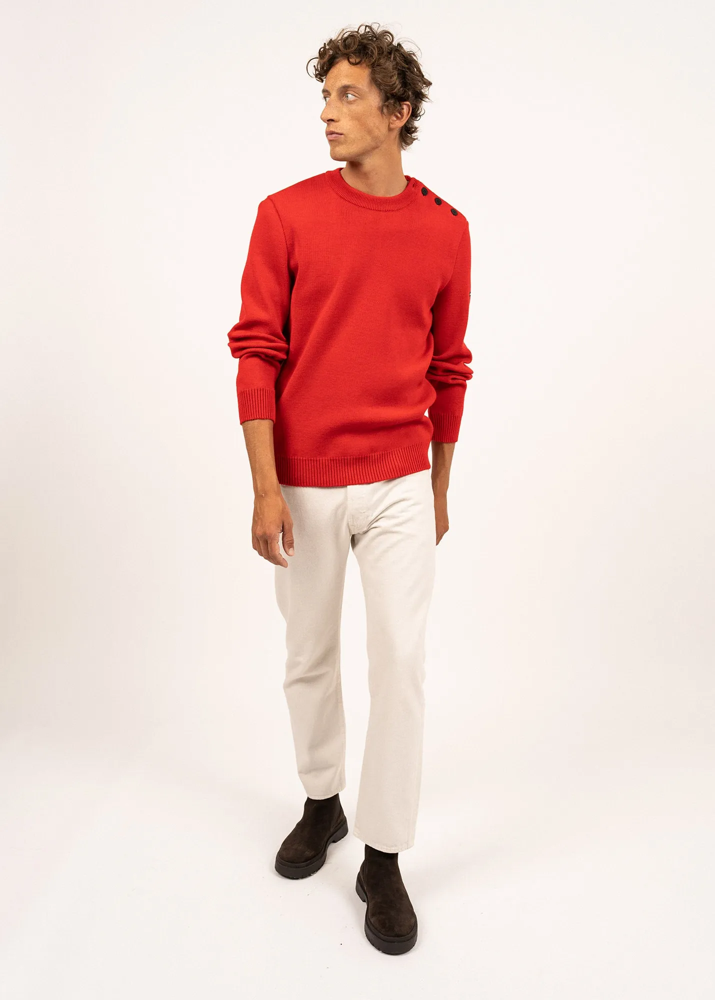 CANCALE - Wool Fisherman Sweater with Button Shoulder | Loose Fit (RED)