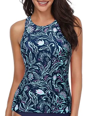 Deep Open Back Modest Tankini Top For Big Busted Women-Blue Floral