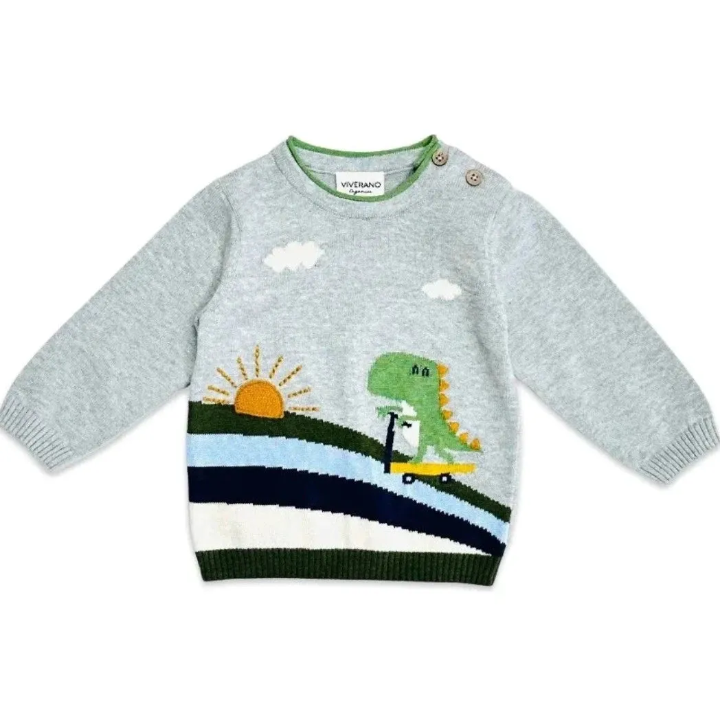 Dino Skater Rainbow Jacquard Knit Baby Pullover (Organic)