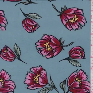 Dusty Blue/Ruby Fringe Floral Double Brushed Jersey Knit Fabric