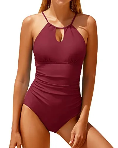 Front Keyhole Cutout Women's High Neck Halter Swimsuit-Maroon