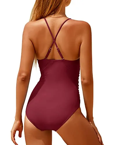 Front Keyhole Cutout Women's High Neck Halter Swimsuit-Maroon