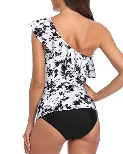 Front Ruched Tummy Control One Shoulder Swimsuits For Women-Black And White Tie Dye