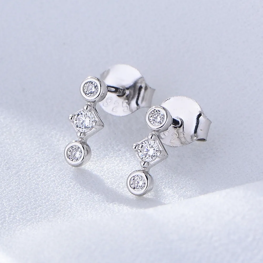 Geometric Beading Mini Zircon Silver Studs Earrings for Women