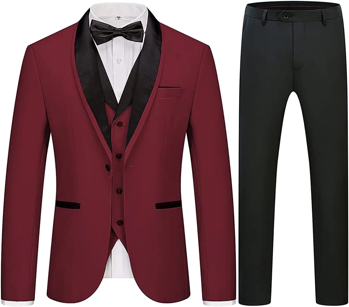 Giies Stylish Burgundy Shawl Collar Three-Piece Wedding Suit