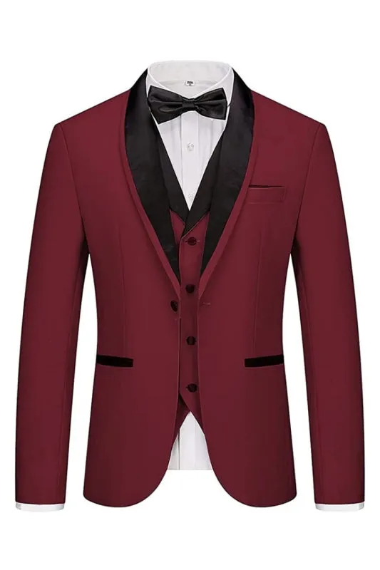 Giies Stylish Burgundy Shawl Collar Three-Piece Wedding Suit