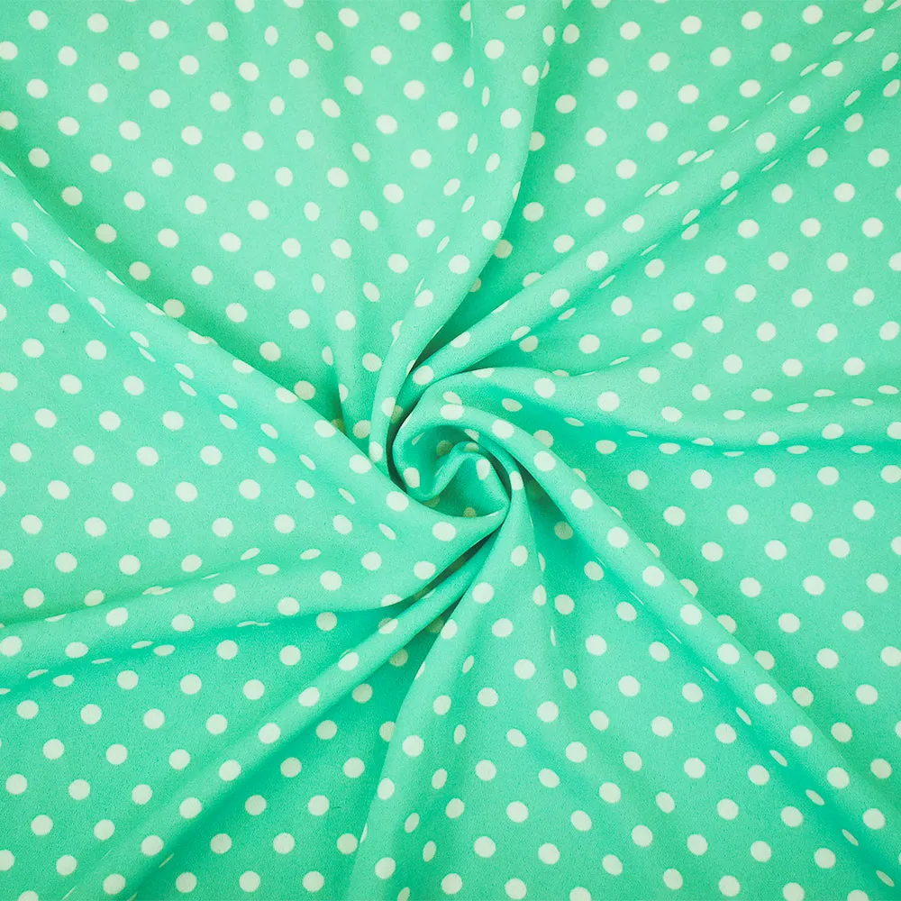 Green-White Polyester Polka Dots Printed Momie Georgette Woven Fabric