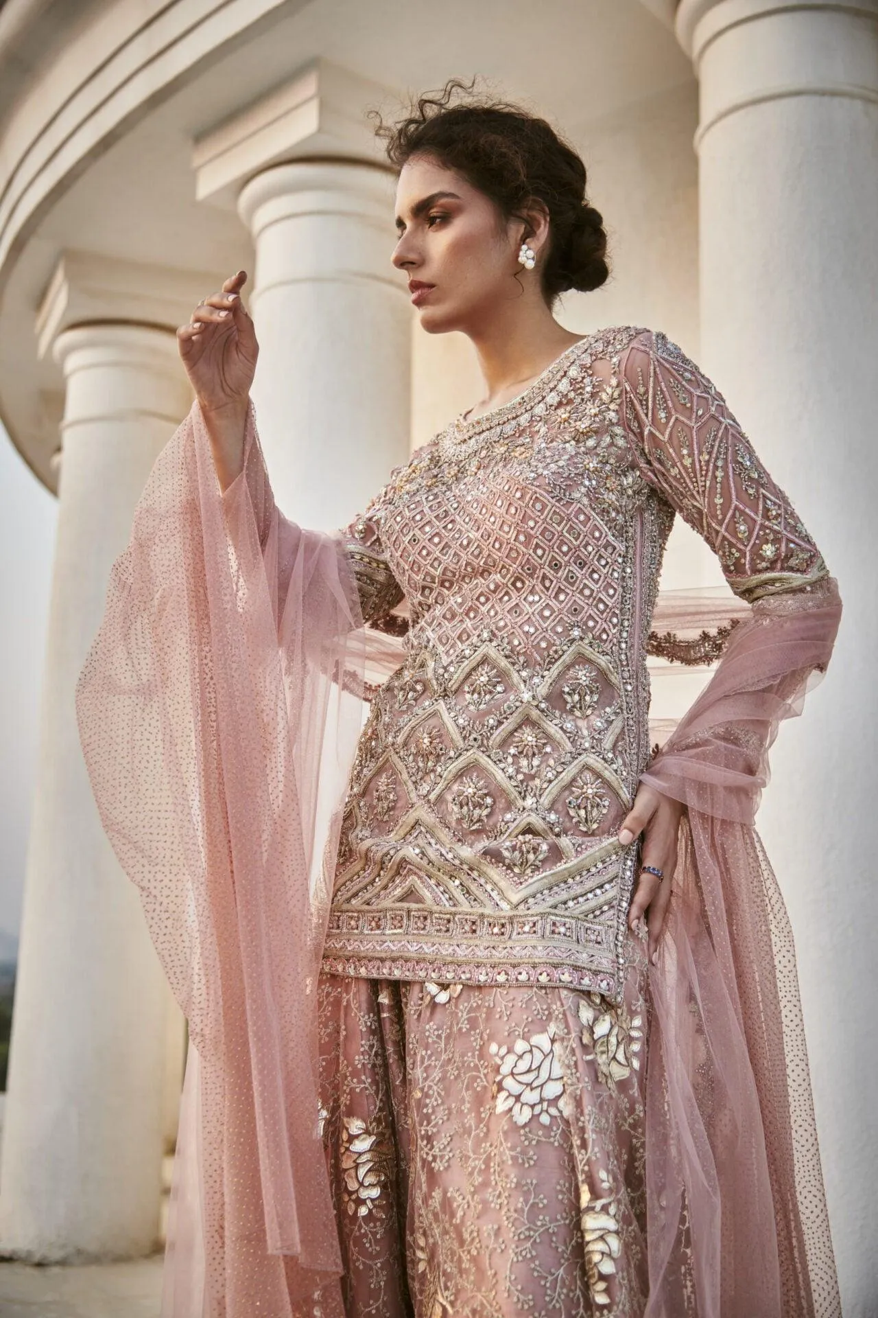 Grid Embroidered Short Kurta & Sharara Set