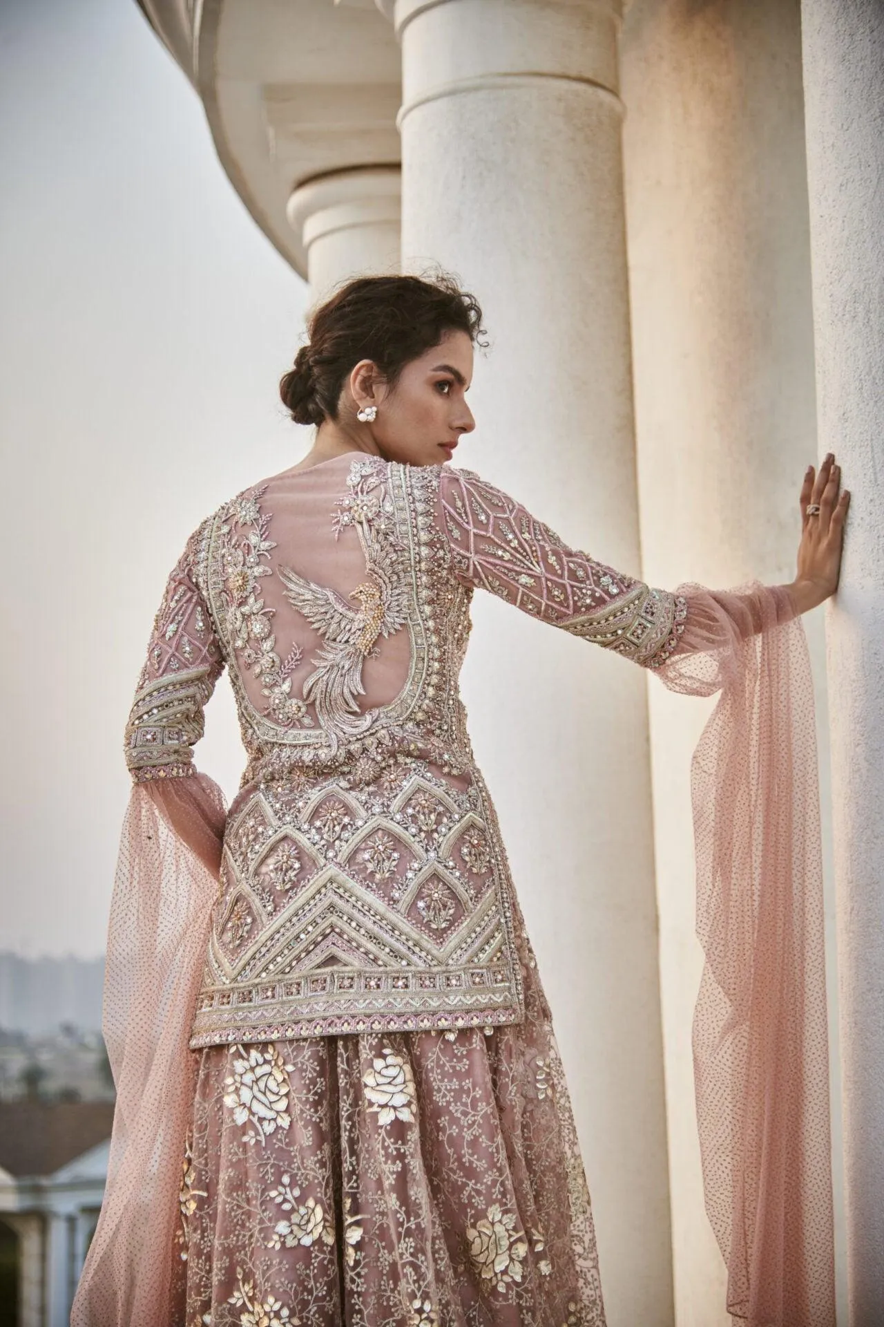 Grid Embroidered Short Kurta & Sharara Set