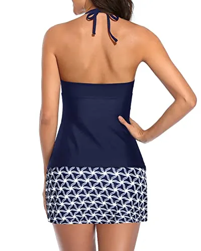 Halter Tankini Bathing Suit Skirt Bottom For Ladies-Navy Blue Tribal