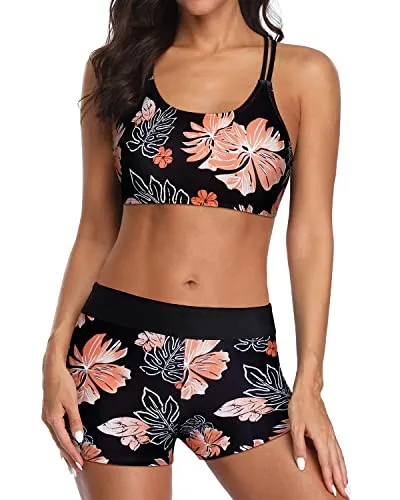 High Waisted Tummy Control Tankini Swimsuits For Women-Black Orange Floral