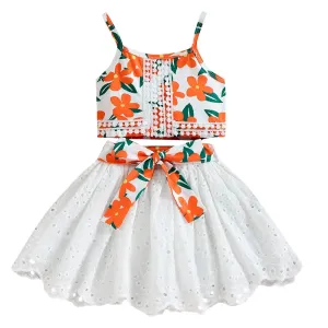 Hopscotch Polyester Girls Floral Print Slim Fit Blouseskirt Set In Orange Color For Ages 1-2 Year