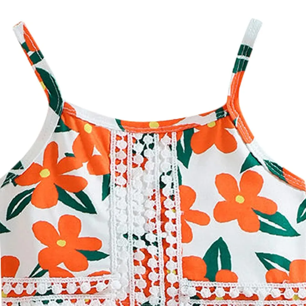 Hopscotch Polyester Girls Floral Print Slim Fit Blouseskirt Set In Orange Color For Ages 1-2 Year