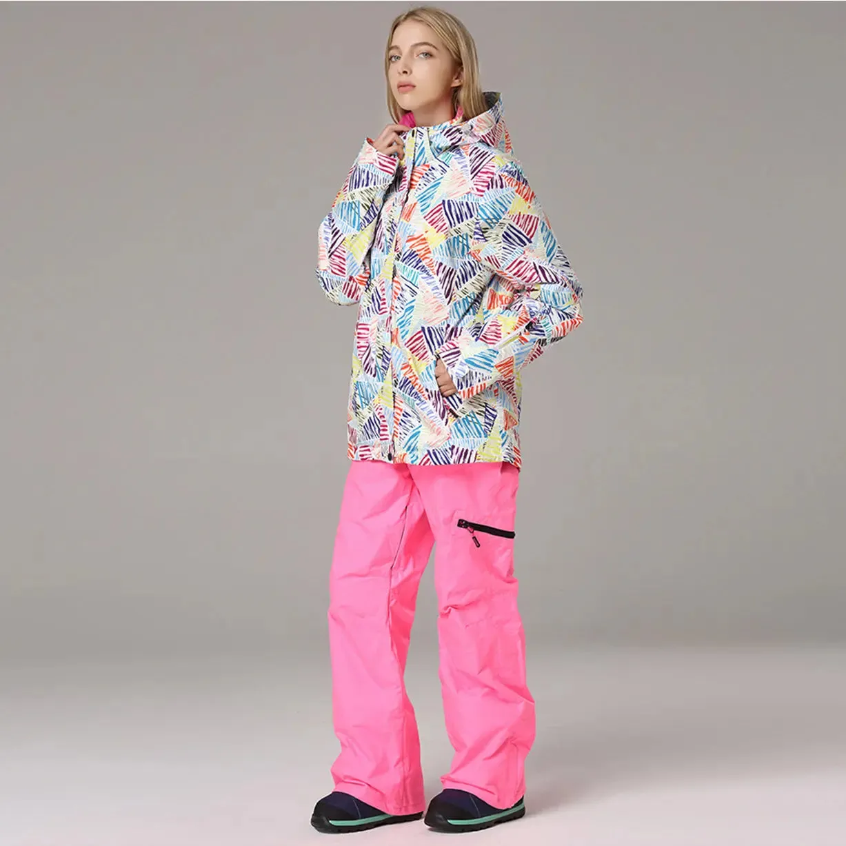 HOTIAN Women's Waterproof Colorful Printed Ski Jacket and Pants Set