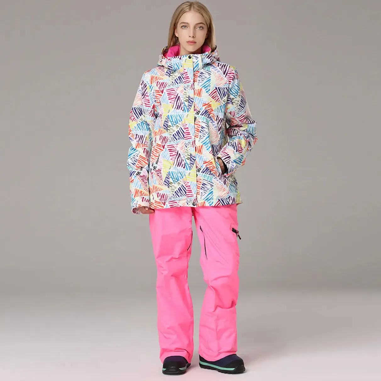 HOTIAN Women's Waterproof Colorful Printed Ski Jacket and Pants Set