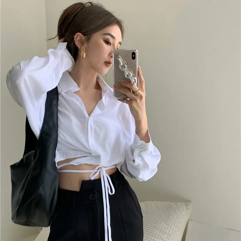 Joskaa Christmas Gift Shirts Women Cropped Fashion Sexy Bandage Casual Summer Thin Design Europe College Girls Aesthetic Soft Tunic Ulzzang Breathed