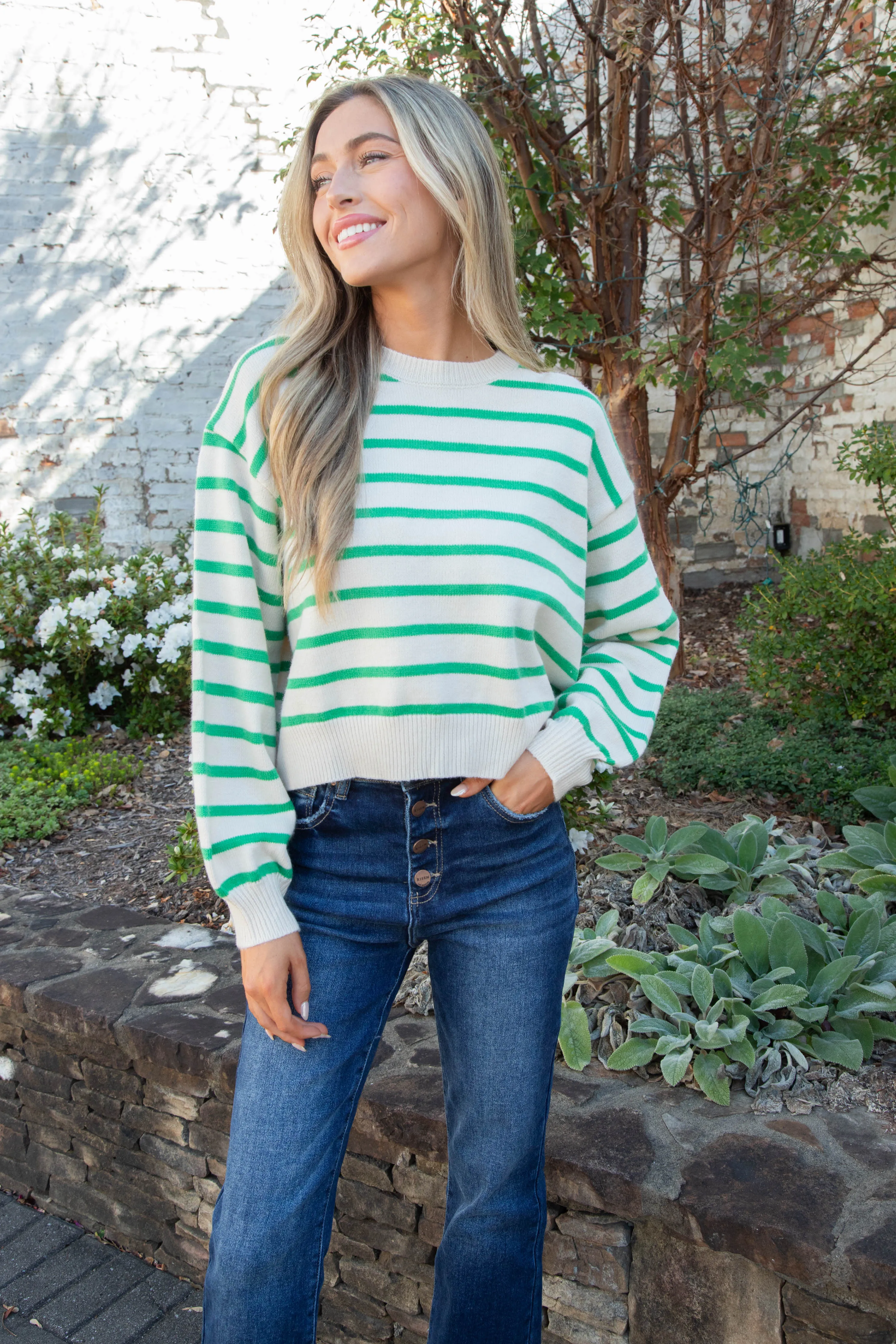 Laine Striped Balloon Sleeve Sweater, Green