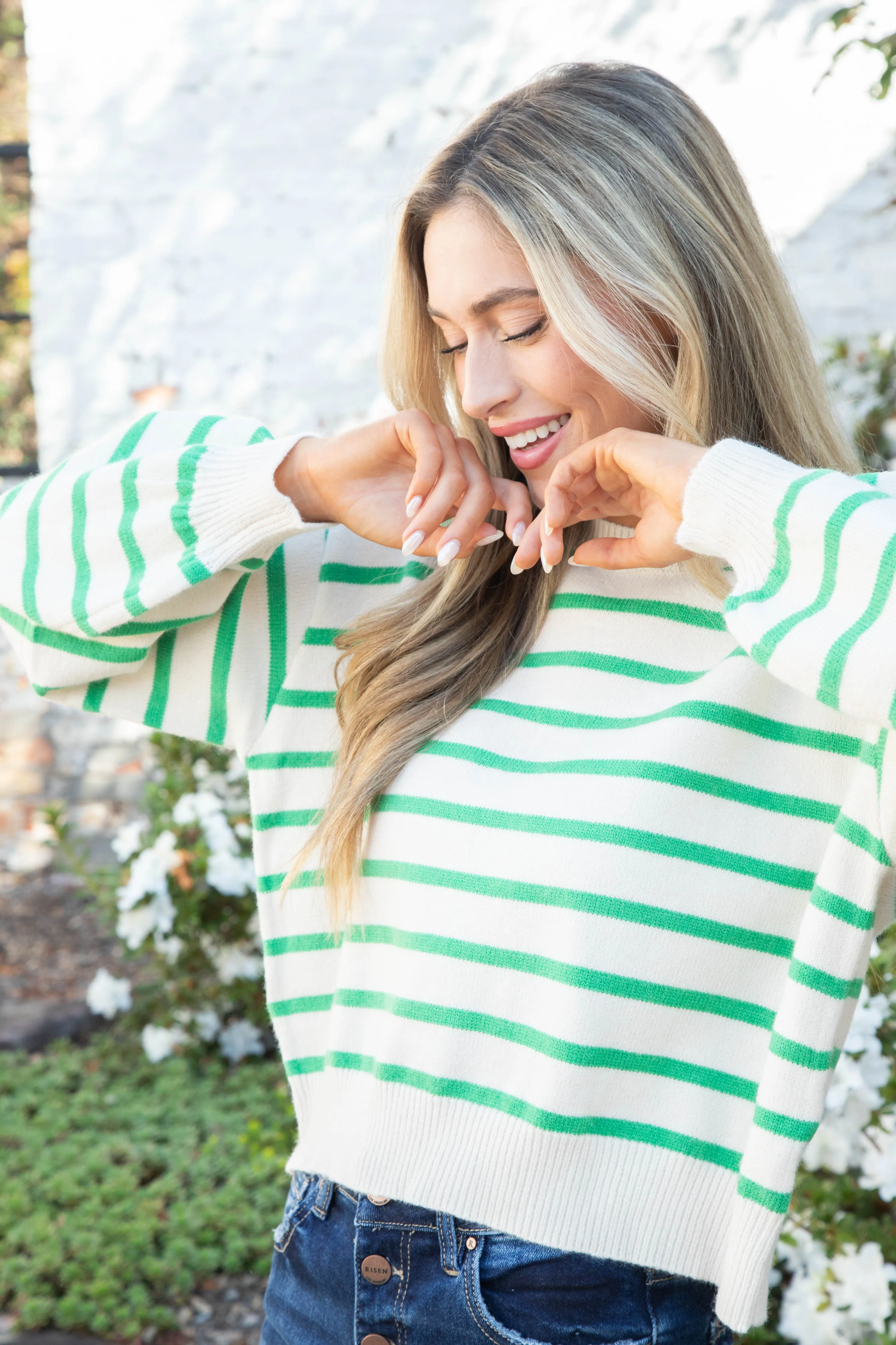 Laine Striped Balloon Sleeve Sweater, Green