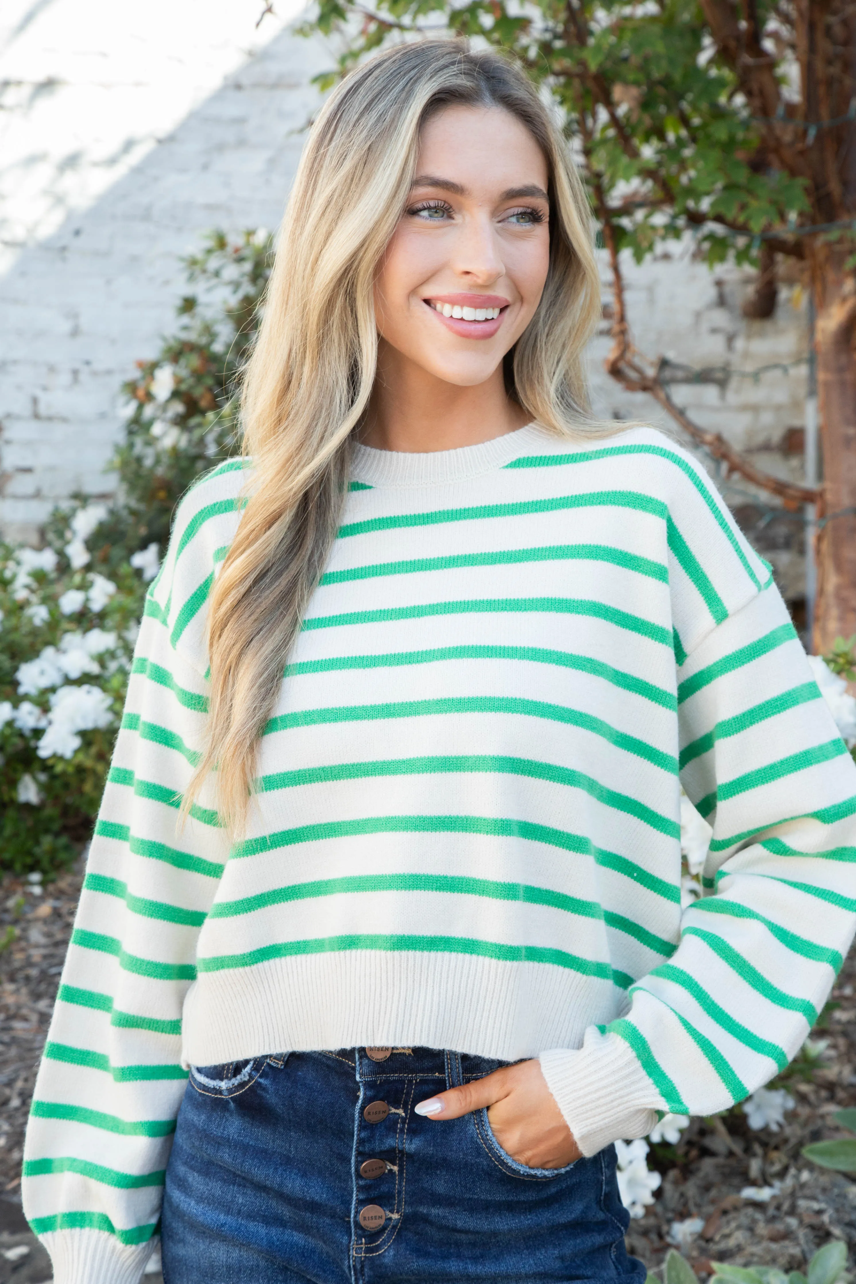 Laine Striped Balloon Sleeve Sweater, Green