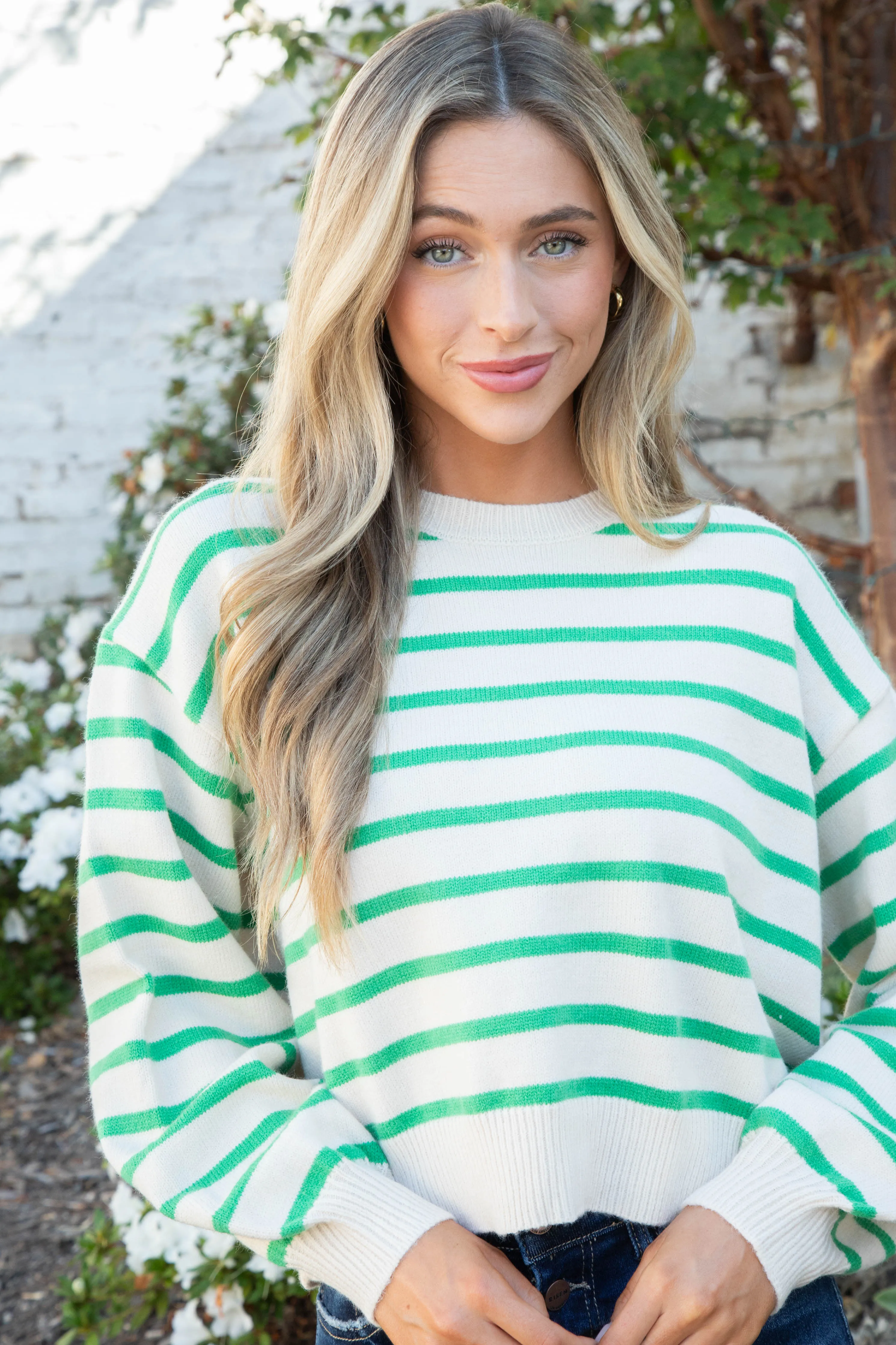 Laine Striped Balloon Sleeve Sweater, Green