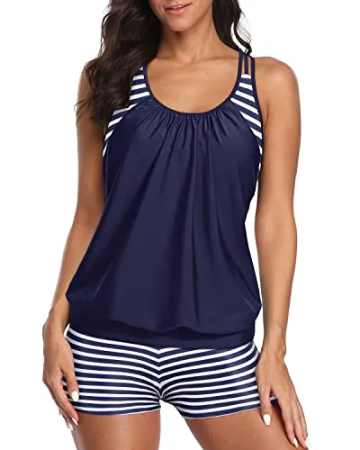 Layered Design Tankini Tops Boy Shorts For Ladies-Blue And White Stripes