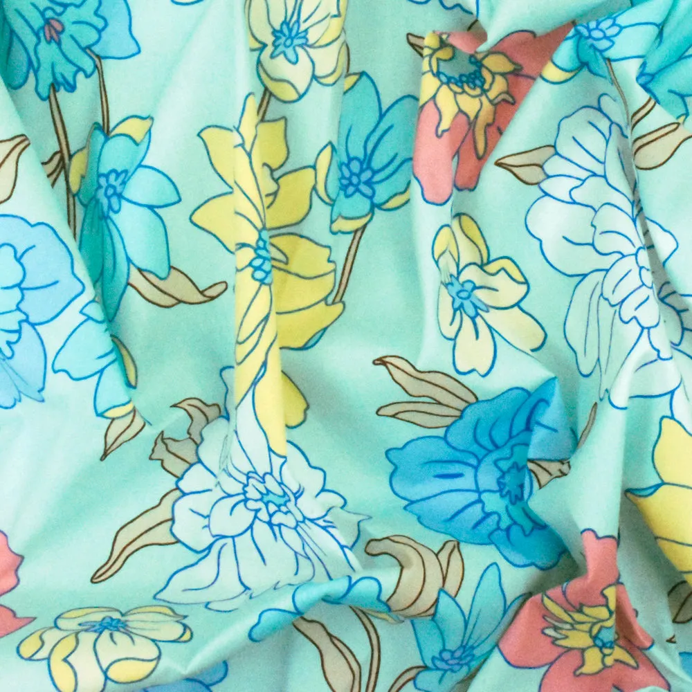 Light Teal-White-Multi Floral Printed Stretch Cotton Poplin Woven Fabric