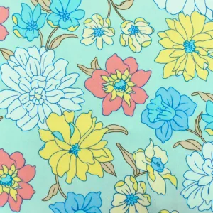 Light Teal-White-Multi Floral Printed Stretch Cotton Poplin Woven Fabric