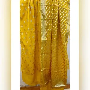 Luxurious Yellow Banarasi Cotton Silk Handloom 3 Pcs Suit Set