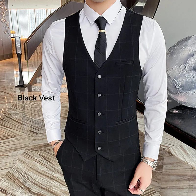 Mens 3 Piece Slim Fit Plaid Suit Formal Business Tuxedos Blazer Vest Pants | 812