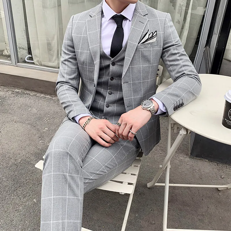 Mens 3 Piece Slim Fit Plaid Suit Formal Business Tuxedos Blazer Vest Pants | 812