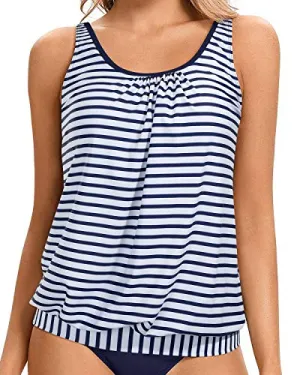 Modest Scoop Neck Blouson Tank Top Women's Tankini Tops Only-Blue And White Stripes