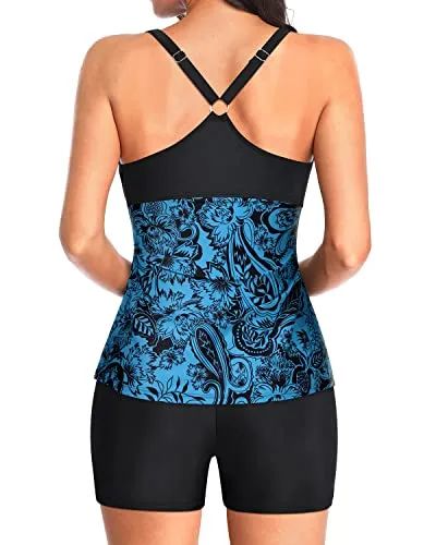 Modest Tankini Bathing Suits Boyshorts For Women's Swimwear-Black And Tribal Blue