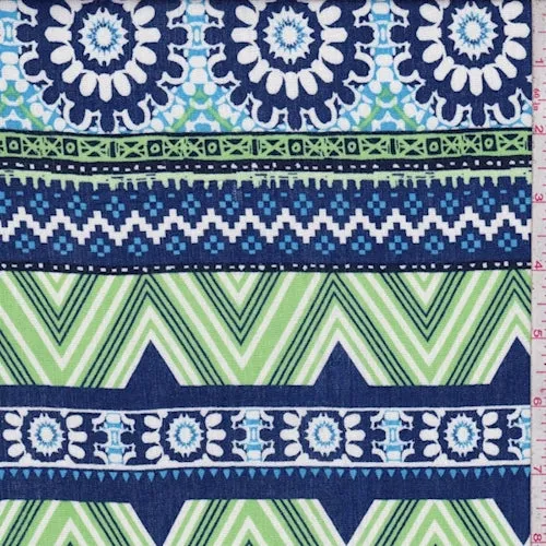 Ocean/Lime/White Medallion Stripe Rayon Crinkle Fabric